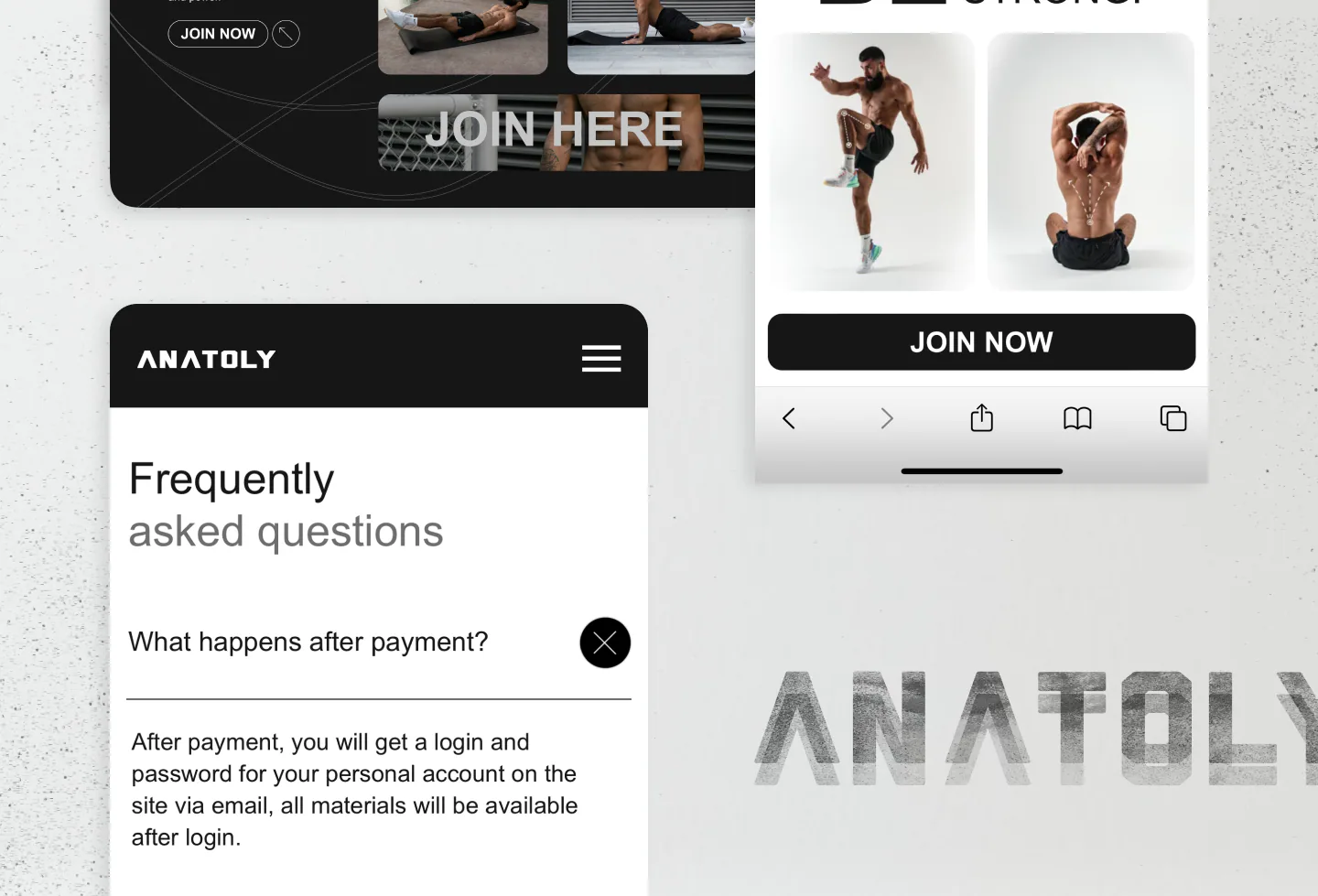Anatoly Fit mobile FAQ and call-to-action screens
