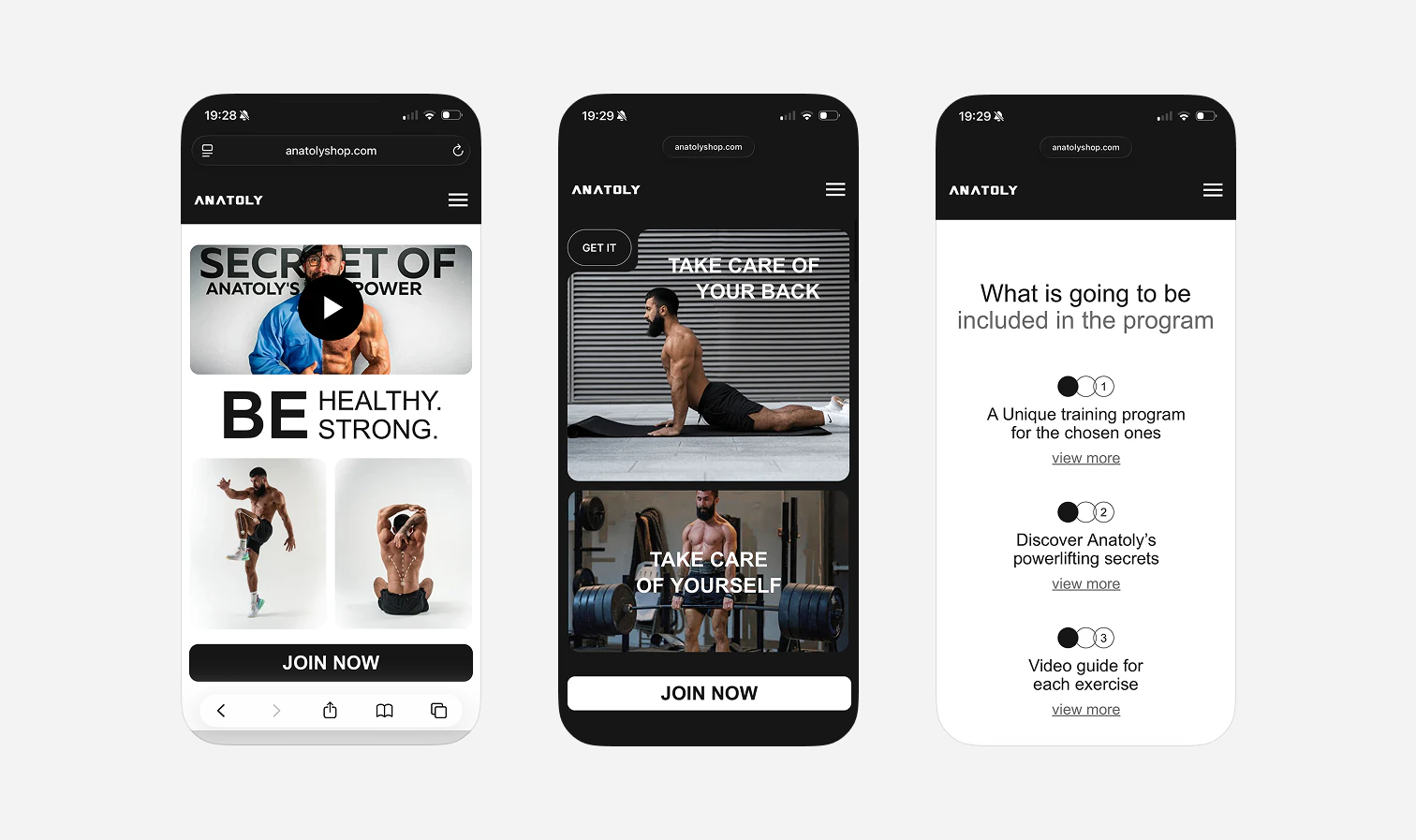 Three Anatoly Fit mobile screens showing the hero, back health content and program benefits