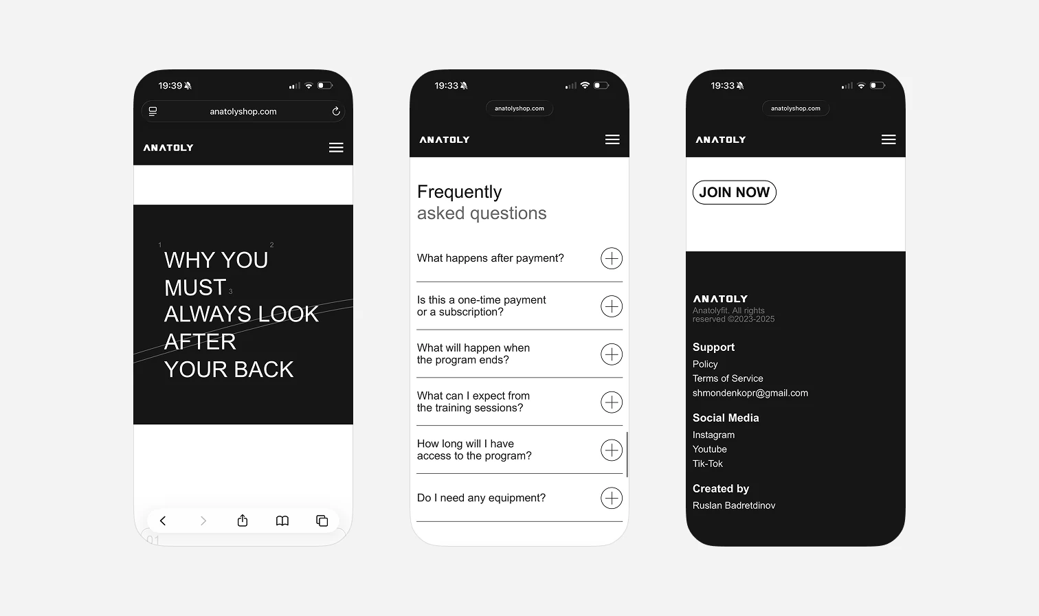 Three Anatoly Fit mobile screens showing editorial content, FAQ and footer