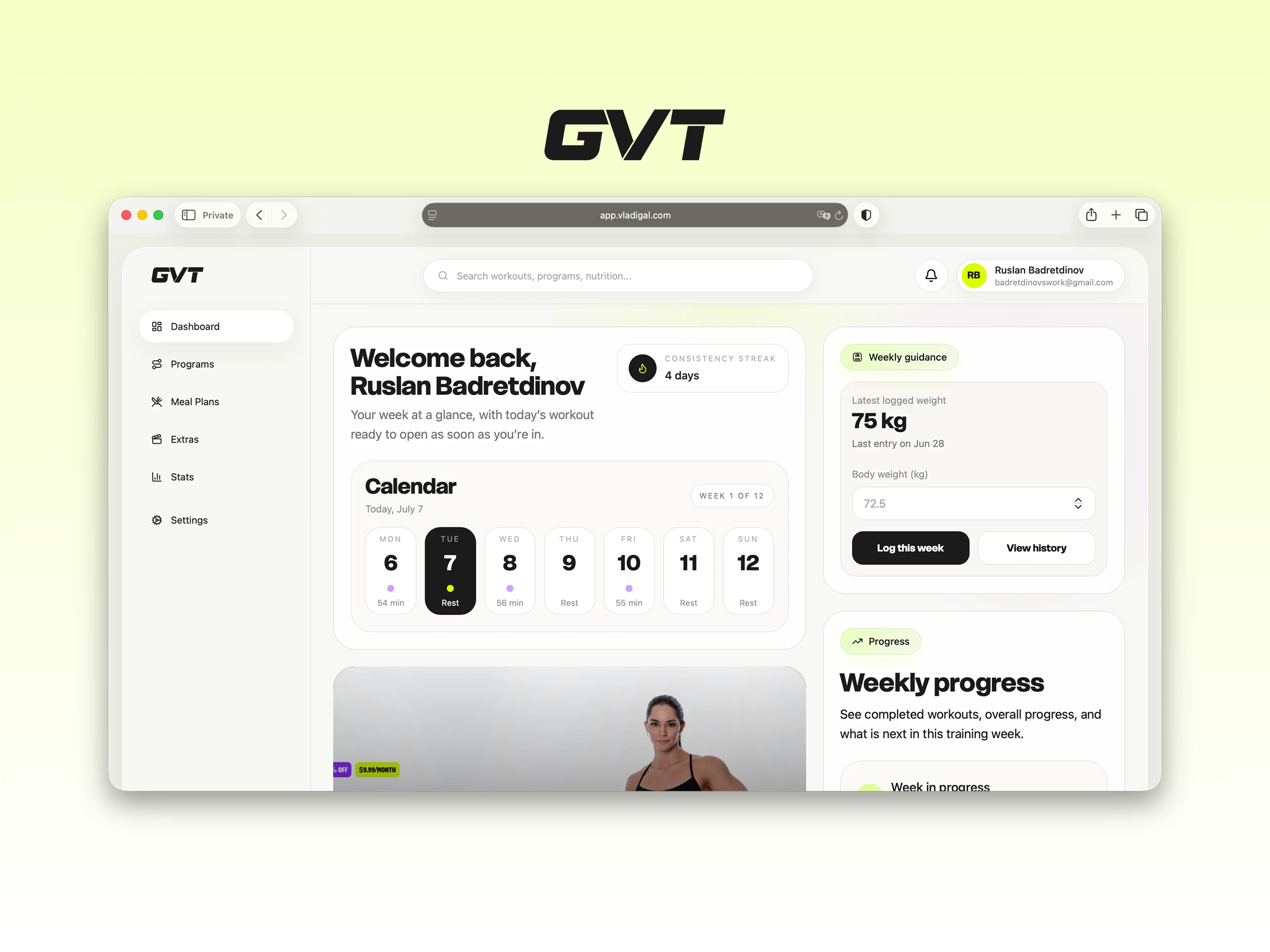 GVT desktop member dashboard with weekly calendar and progress guidance