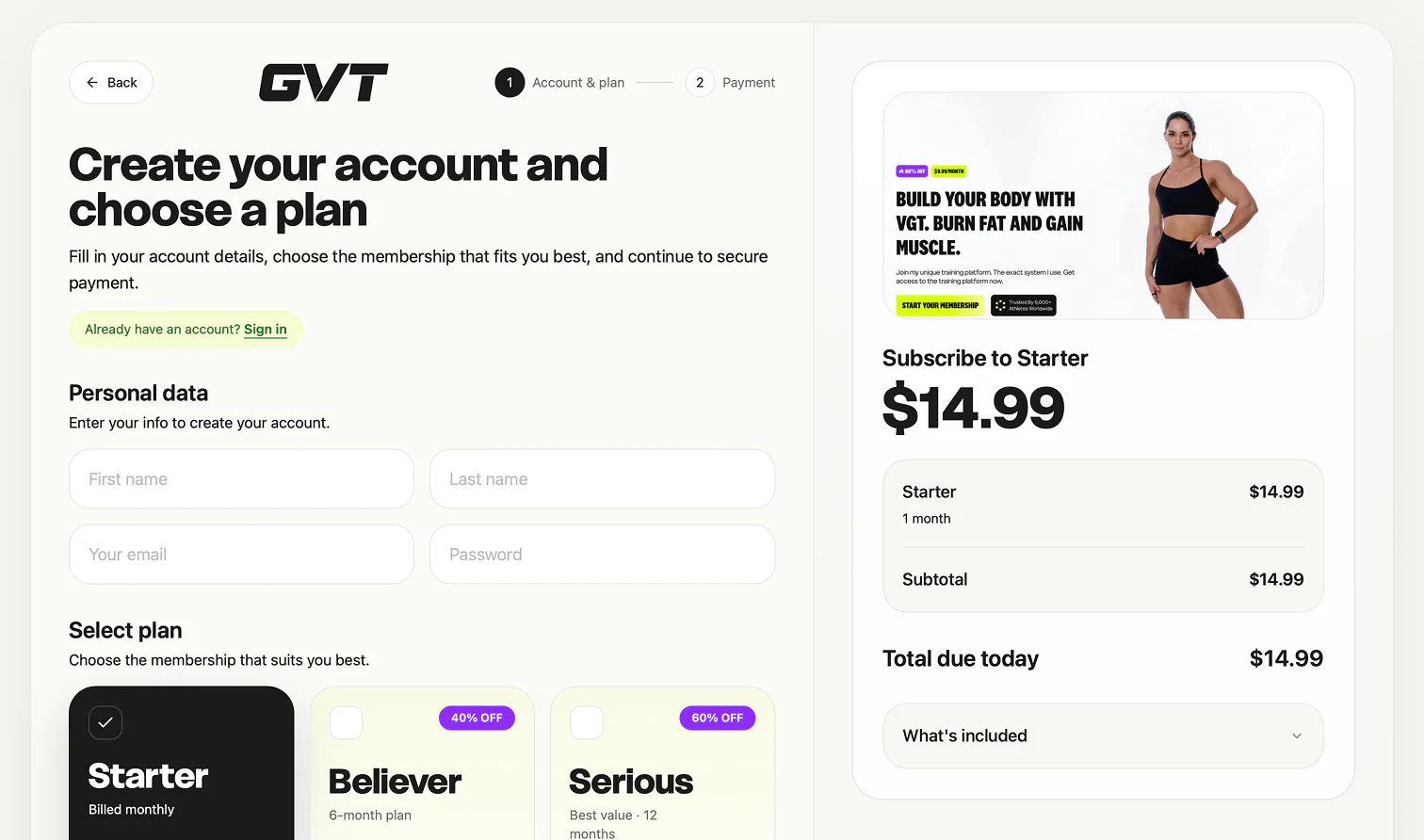 GVT signup screen with account creation, plan selection and payment summary