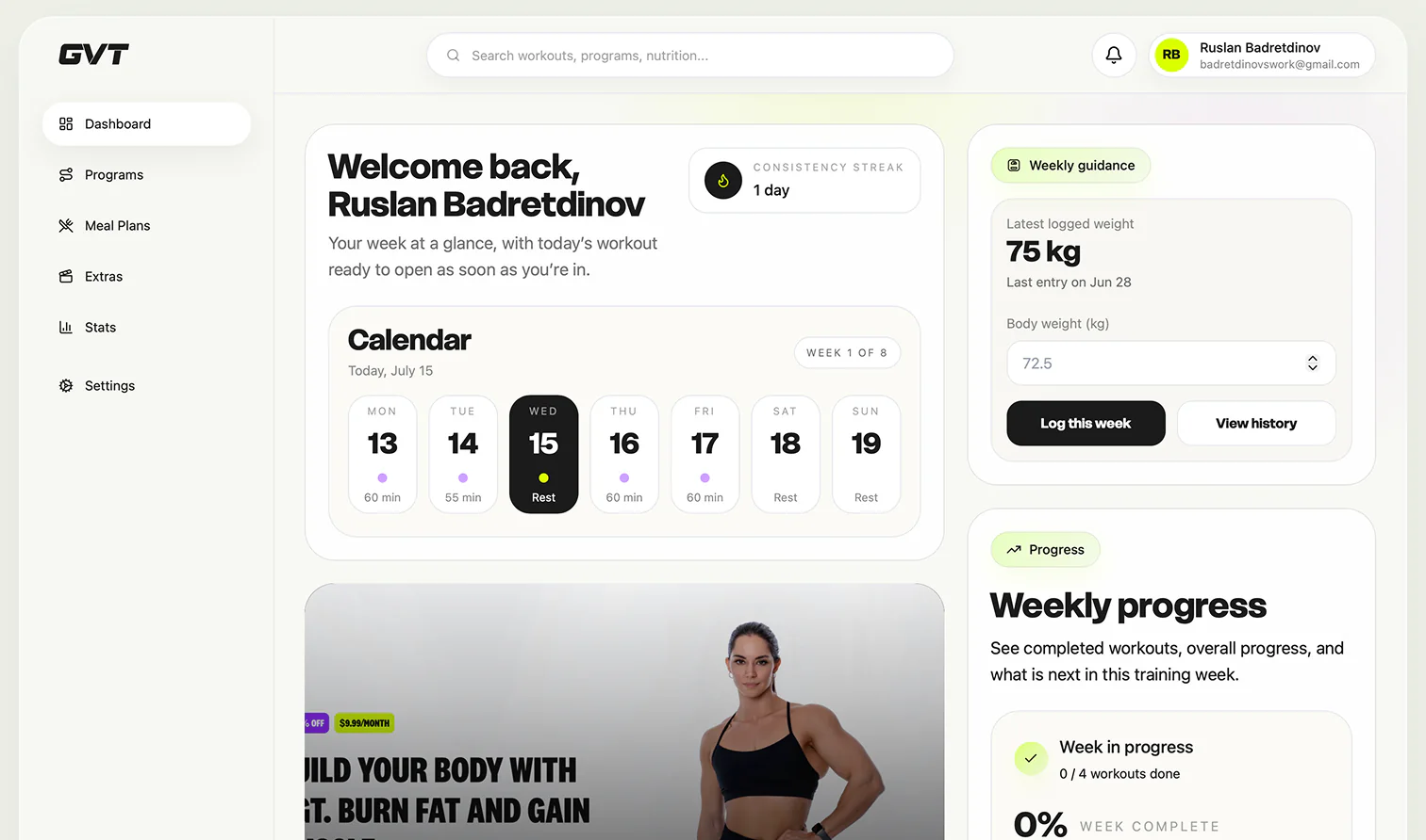 GVT dashboard showing weekly calendar, guidance panel, body tracking and weekly progress