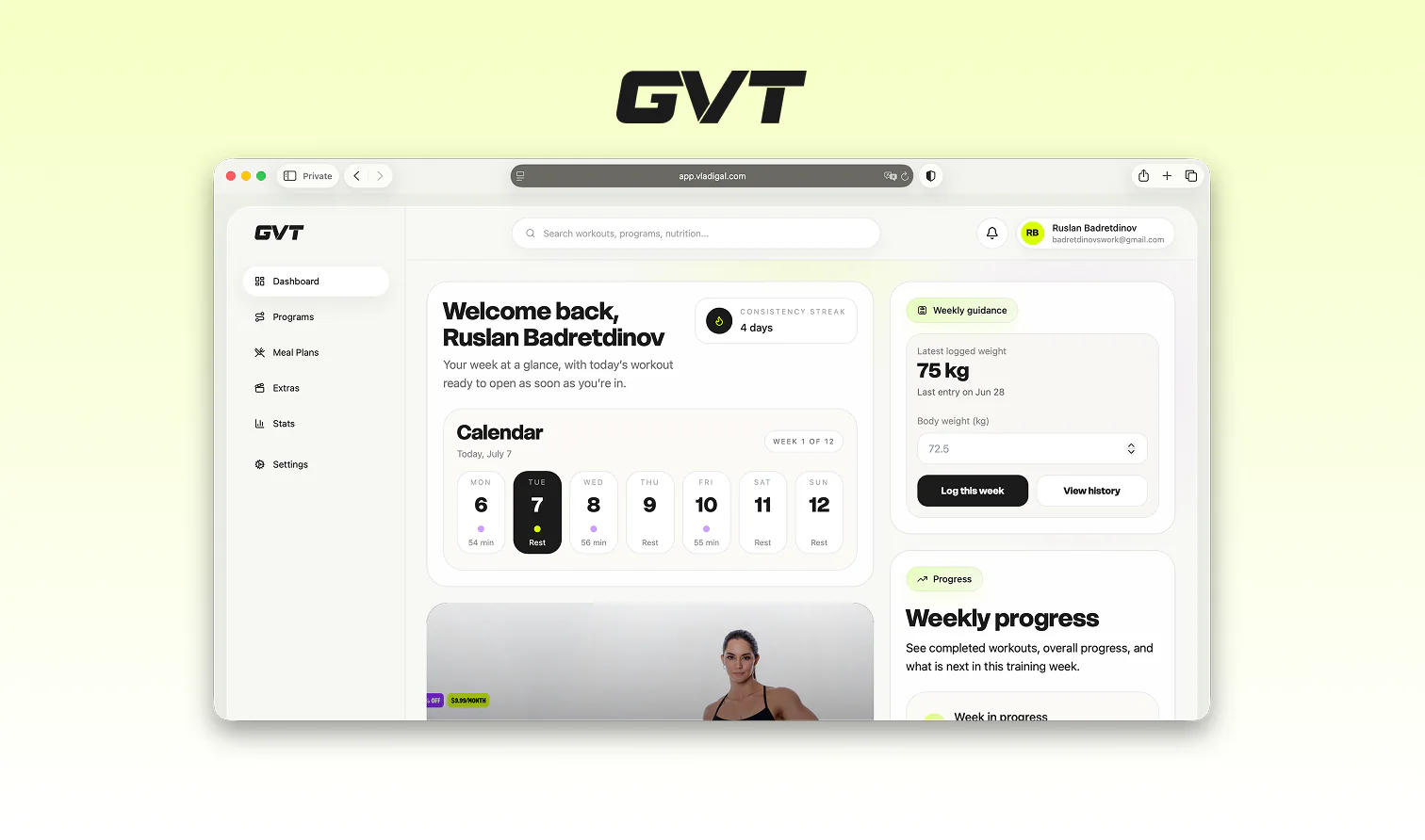 GVT desktop dashboard with weekly calendar, guidance and progress modules