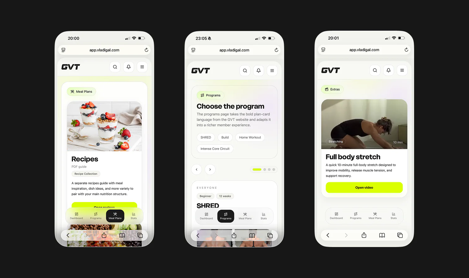 Three GVT mobile screens showing meal plans, programs and extras content