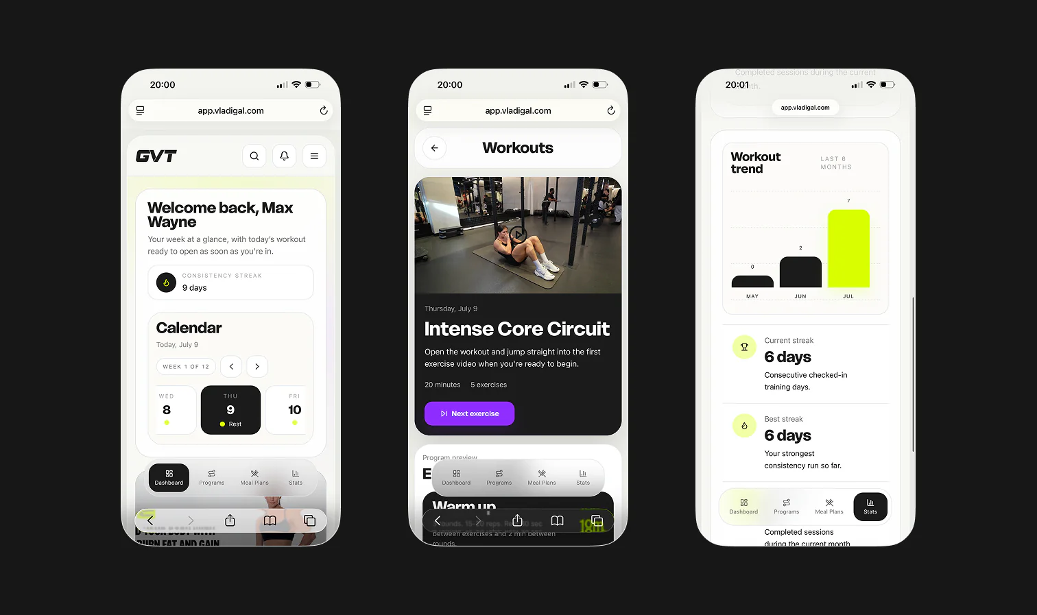 Three GVT mobile screens showing the dashboard, workouts and workout statistics