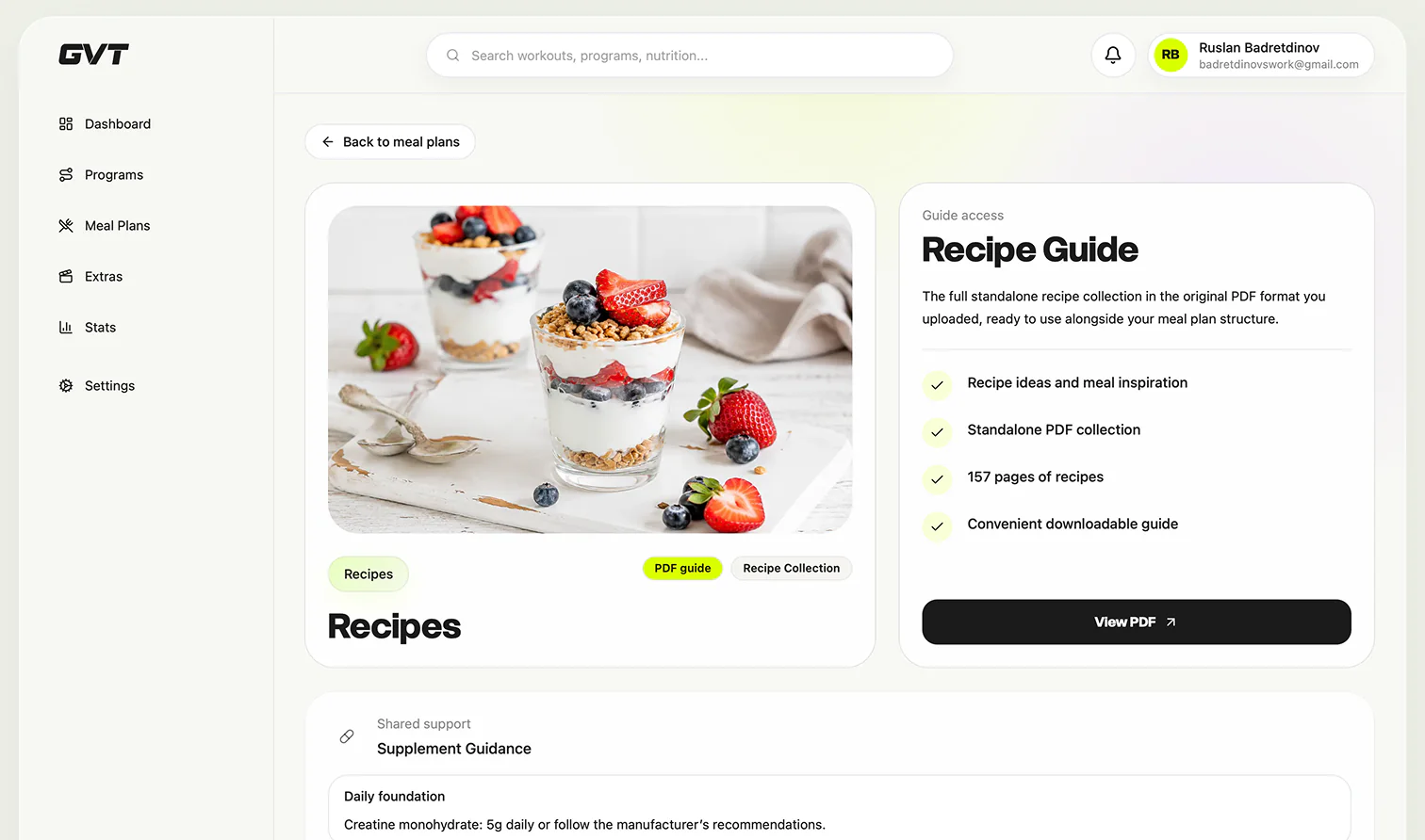 GVT meal-plan detail screen with opened recipe guide and supporting information