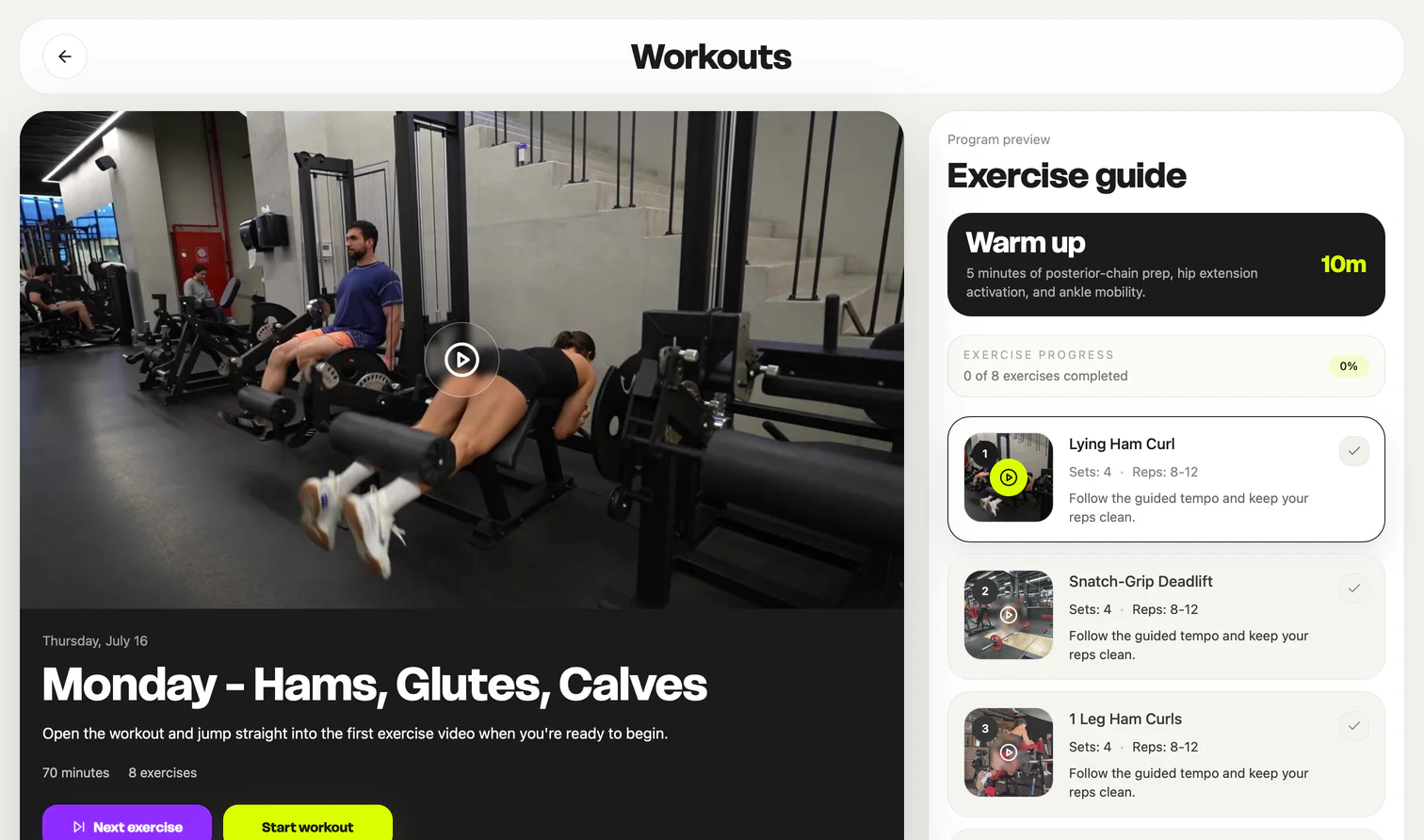 GVT workout screen with exercise guide, progress list and completion states