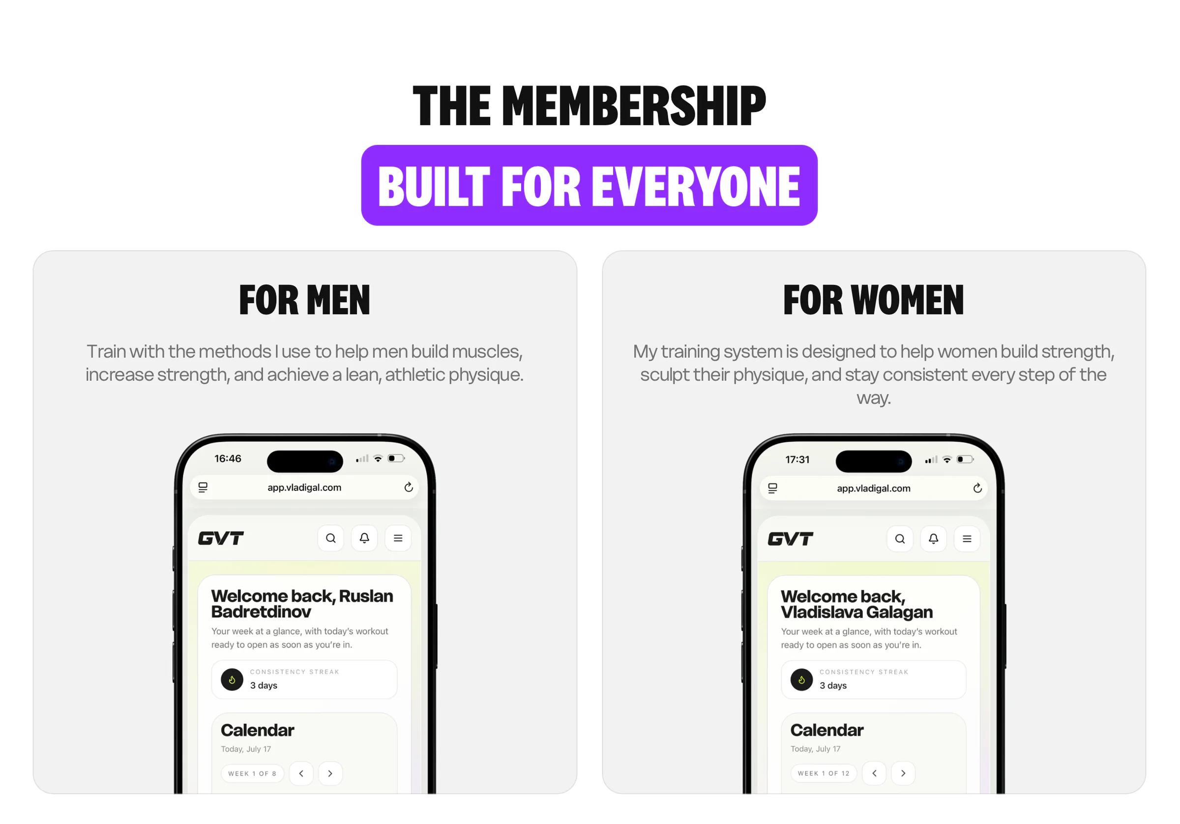 GVT Fitness platform for men and women shown with mobile dashboard previews