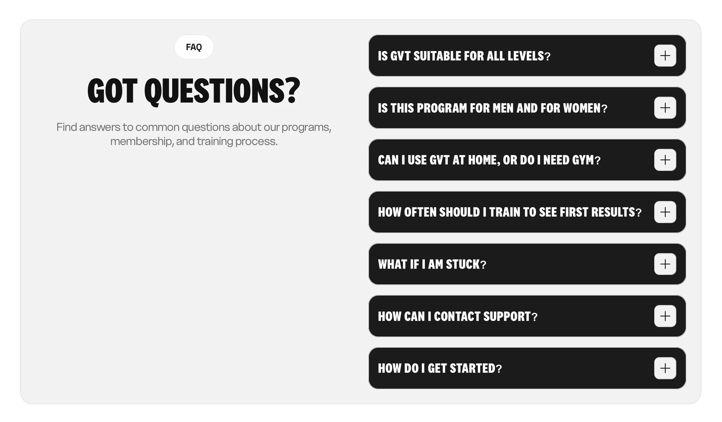GVT membership frequently asked questions in an accordion layout