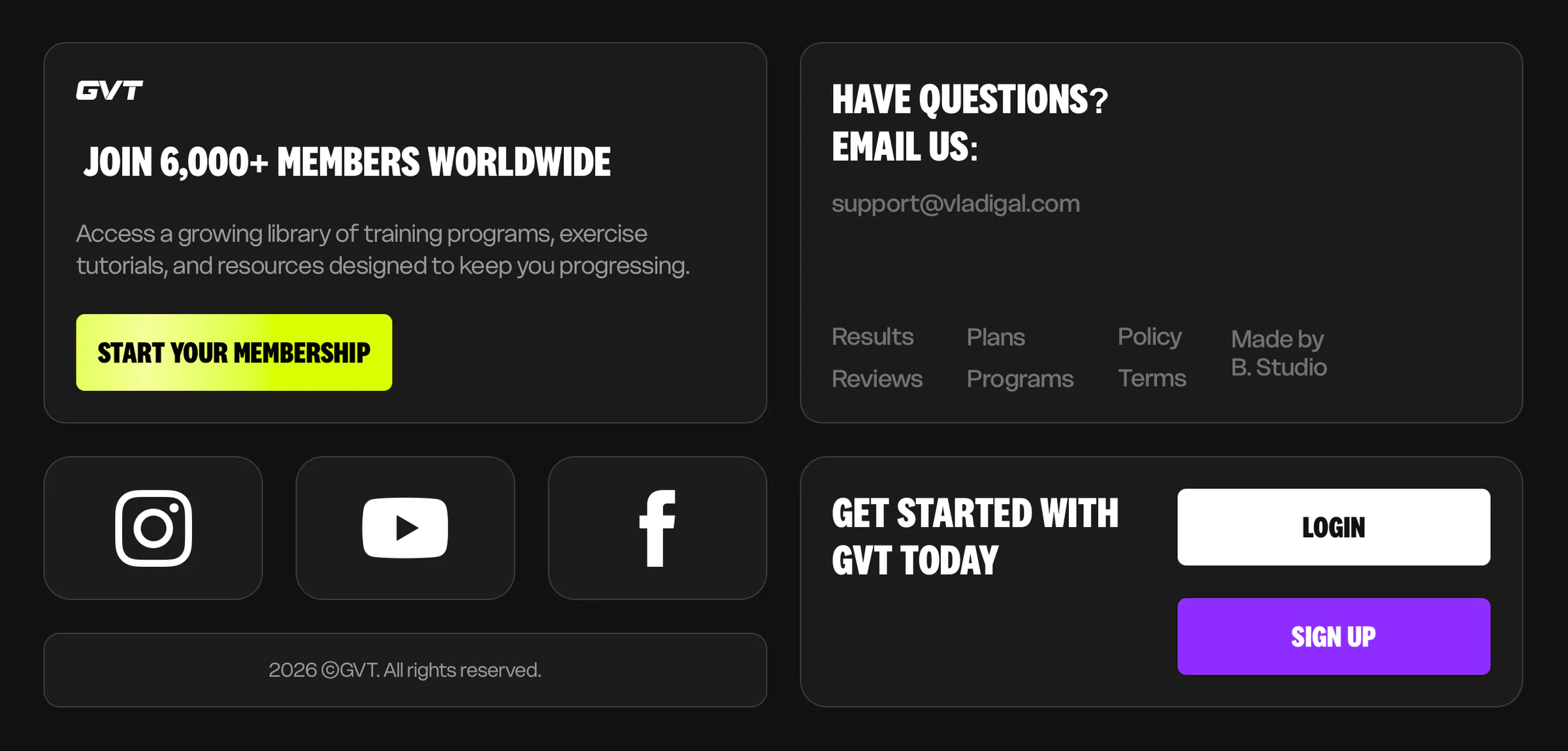 GVT membership website footer with final call to action, support details and social links