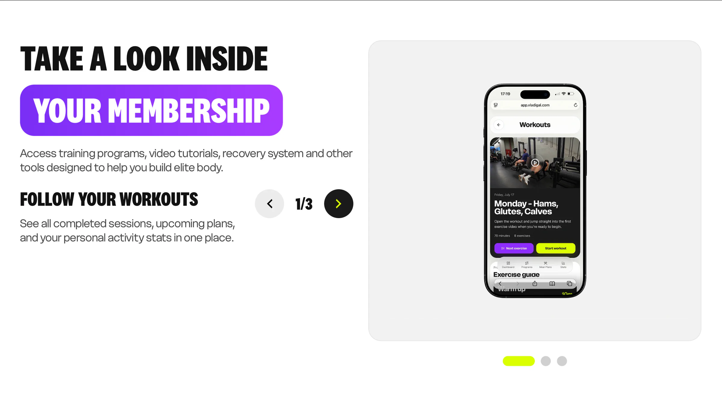 GVT Fitness web app preview showing workout guidance and member features on a mobile phone