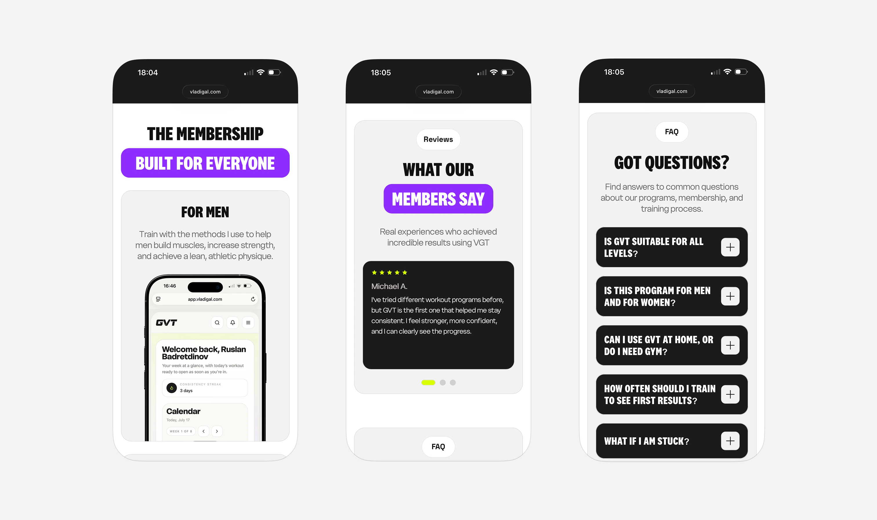 Three GVT Membership mobile screens showing training for men, member reviews and frequently asked questions