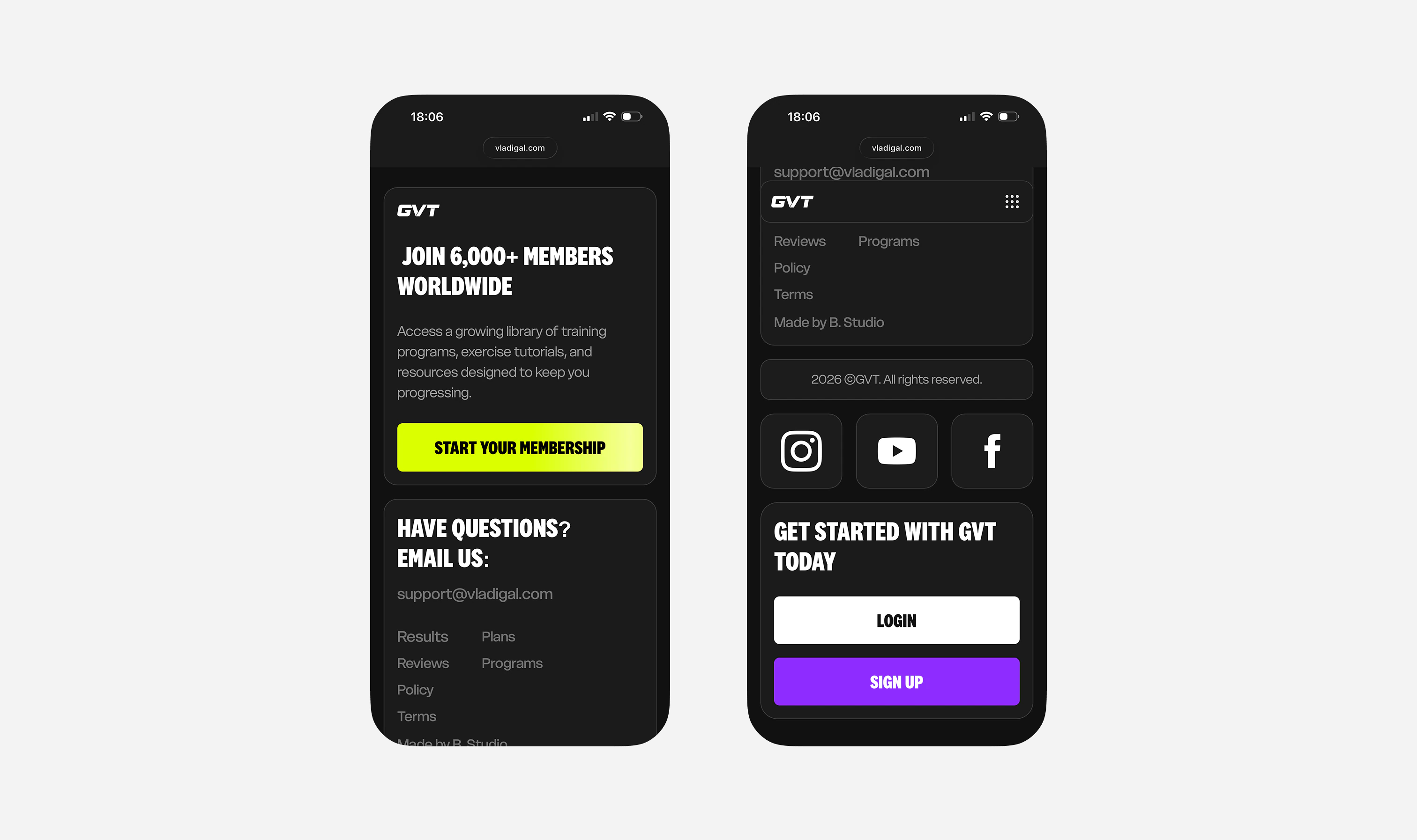 Two GVT Membership mobile footer screens showing support, navigation, login and signup actions