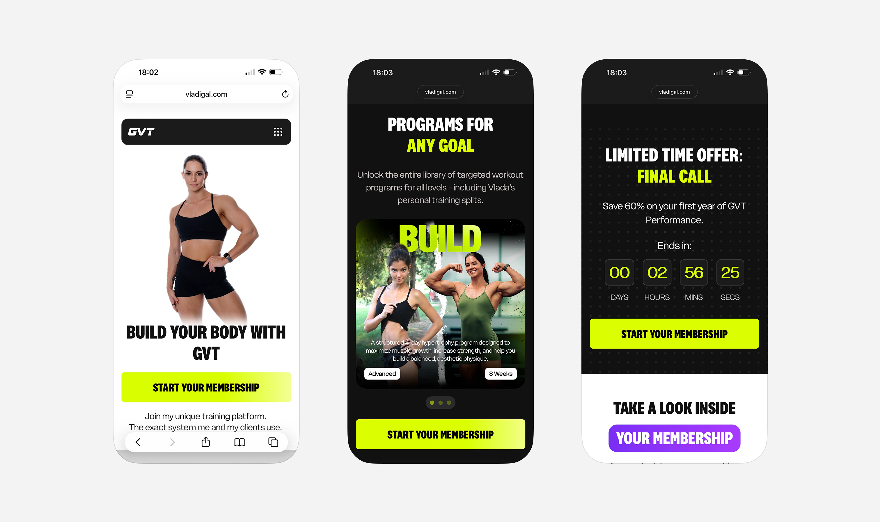 Three GVT Membership mobile screens showing the hero, training programs and limited-time offer