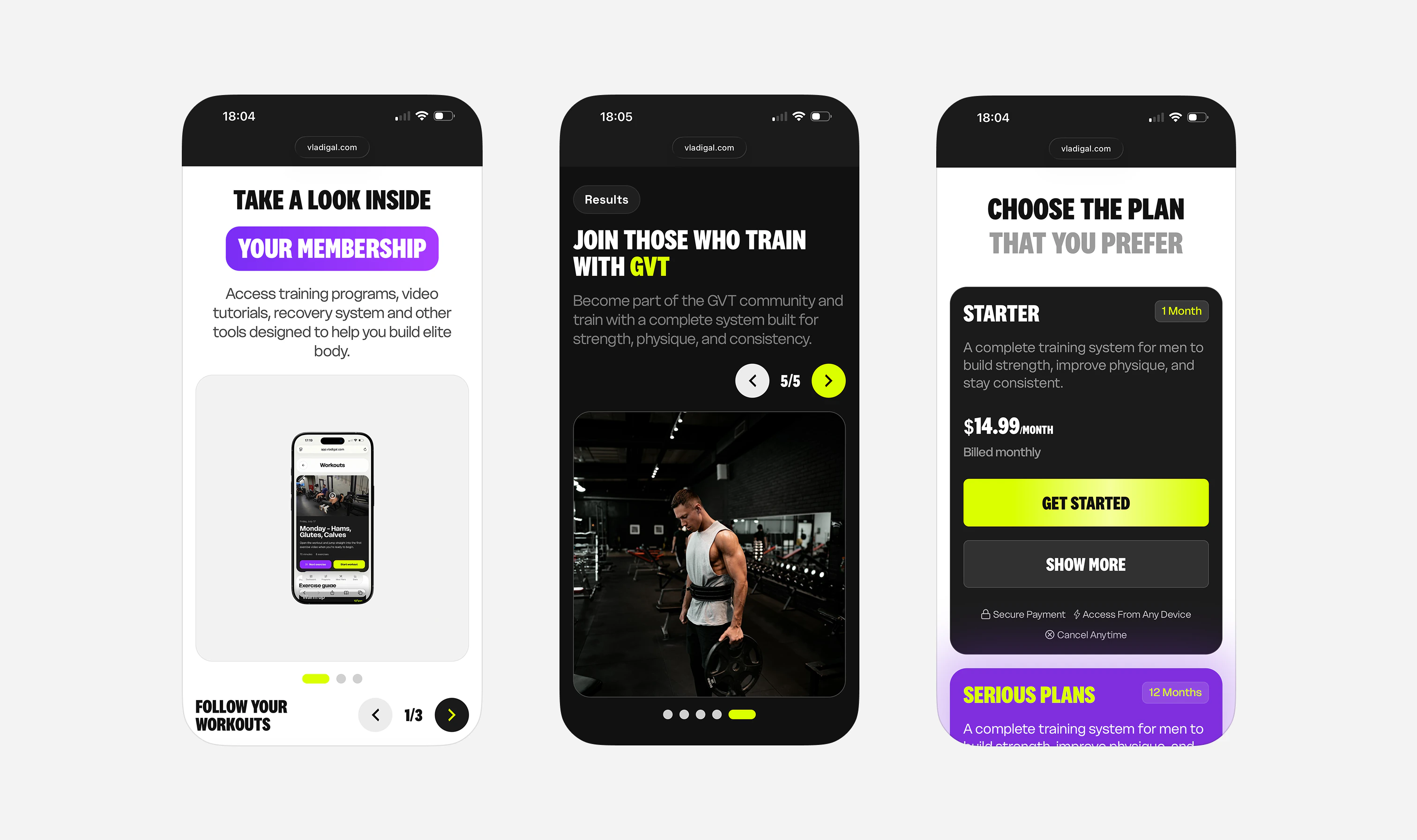 Three GVT Membership mobile screens showing the web app preview, member results and pricing plans