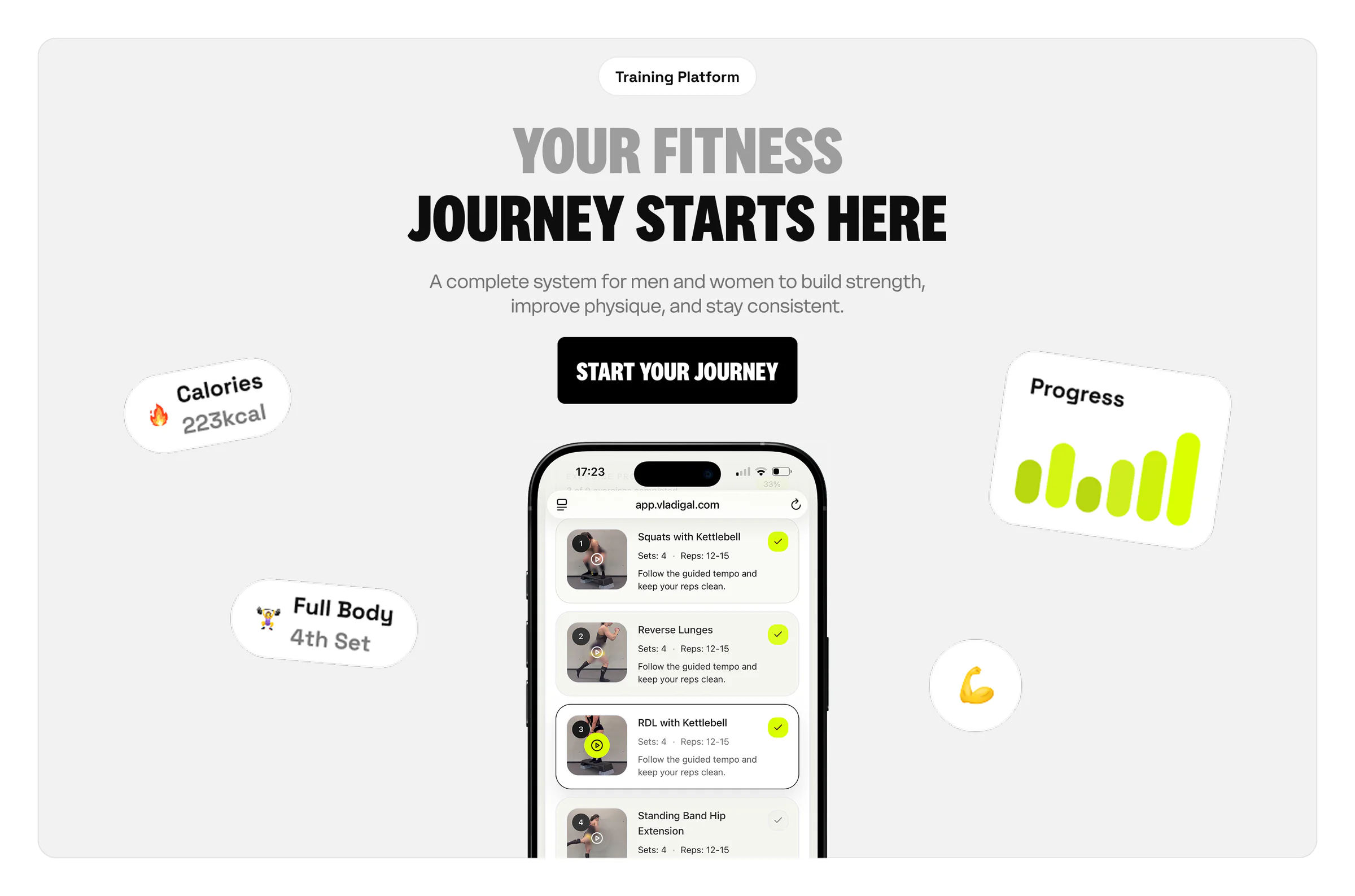 GVT Fitness training platform call to action with a mobile workout interface, calorie data and progress indicators
