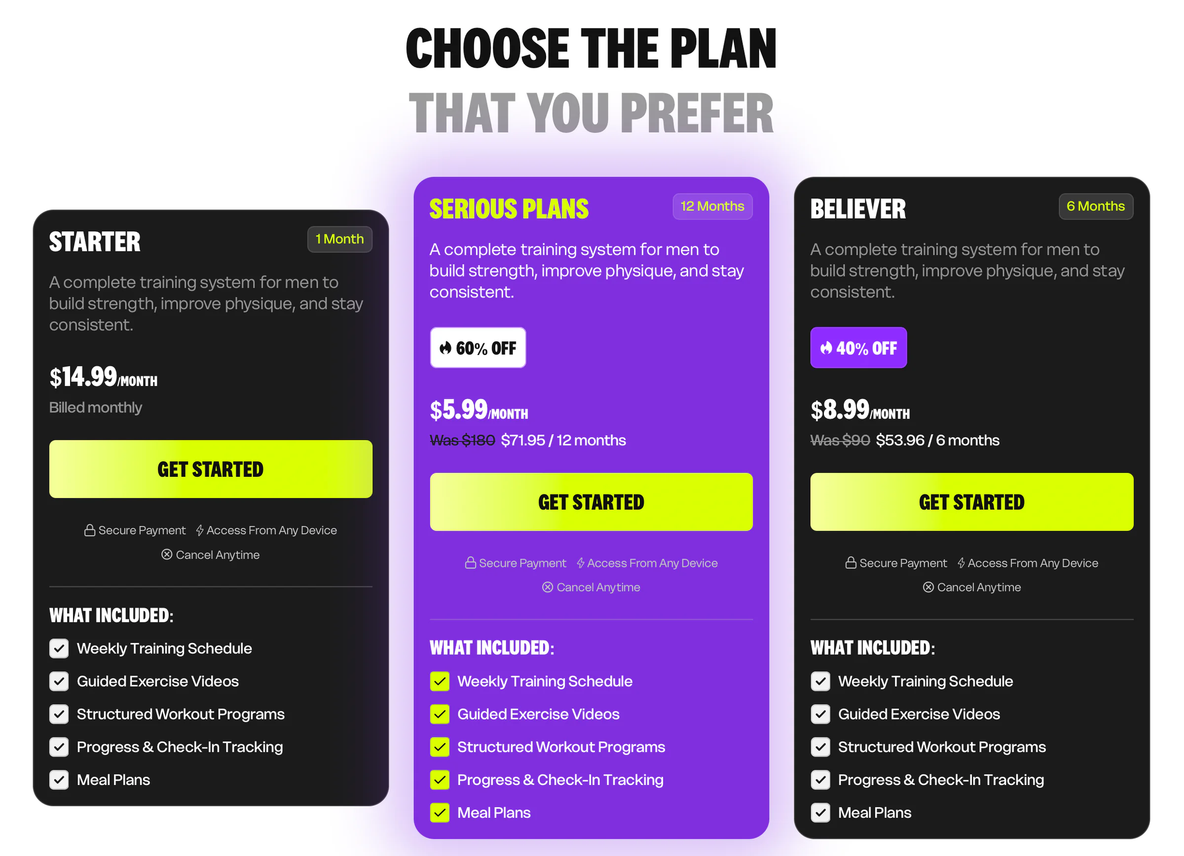 GVT membership pricing cards for one-month, six-month and twelve-month plans