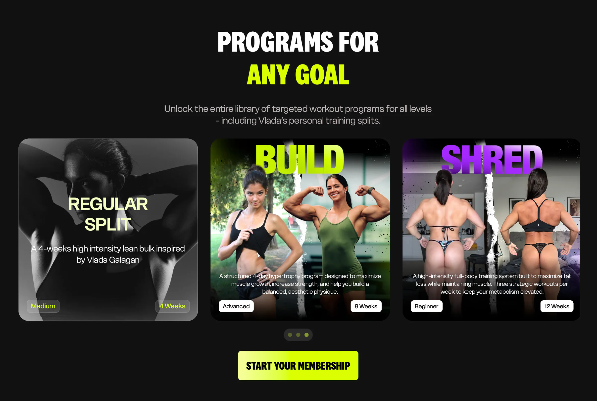 GVT membership website program cards for regular split, build and shred training goals