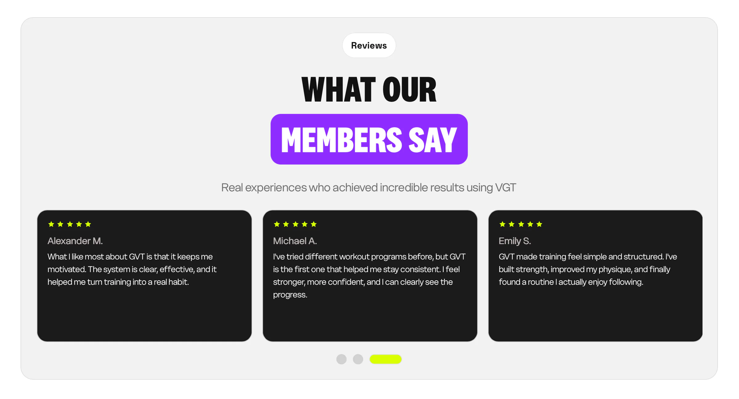GVT member reviews displayed in three testimonial cards
