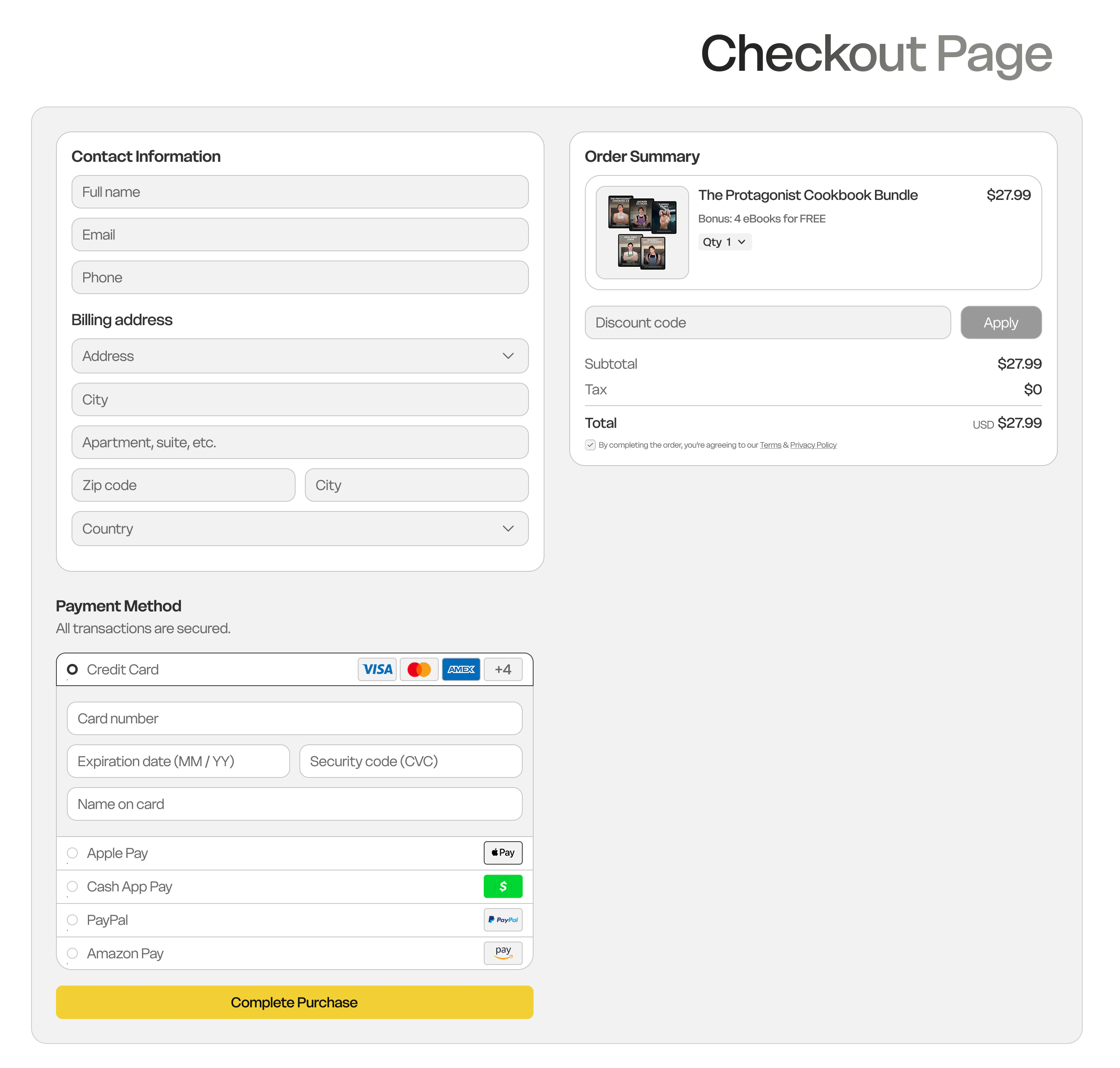 Joseph Abell checkout page with contact details, payment methods and order summary