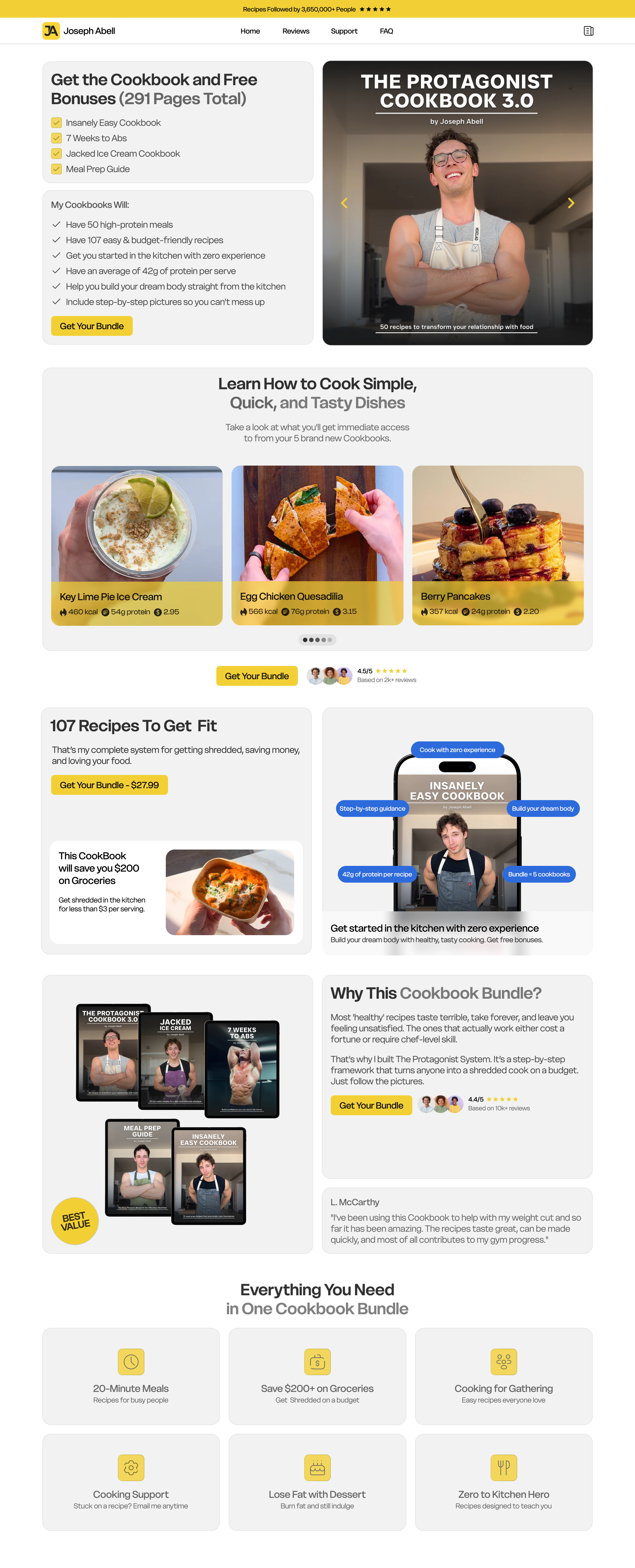 Full Joseph Abell desktop cookbook sales page with product benefits, recipes and social proof