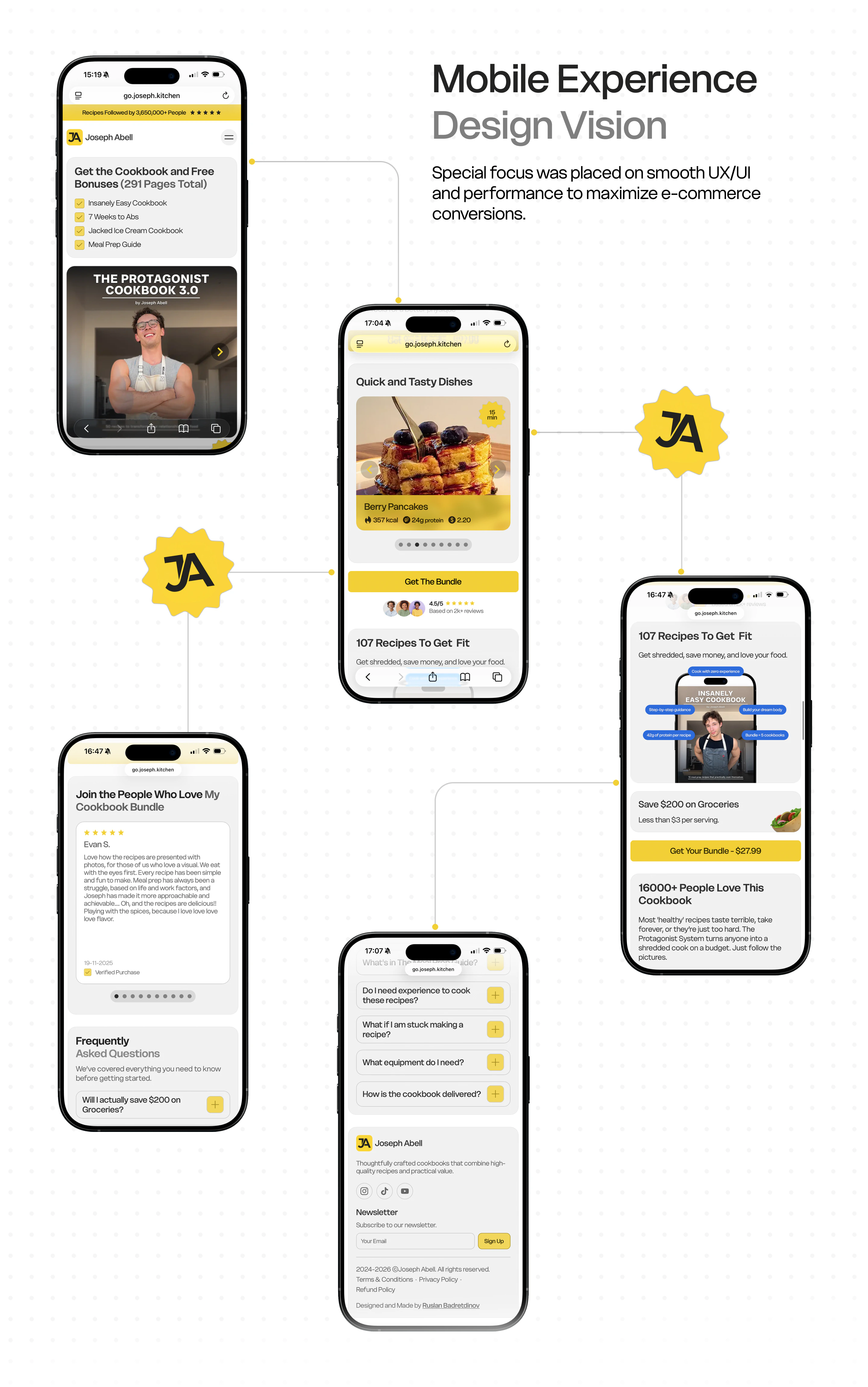 Joseph Abell mobile cookbook website screens showing the offer, recipe previews, customer reviews, frequently asked questions and footer