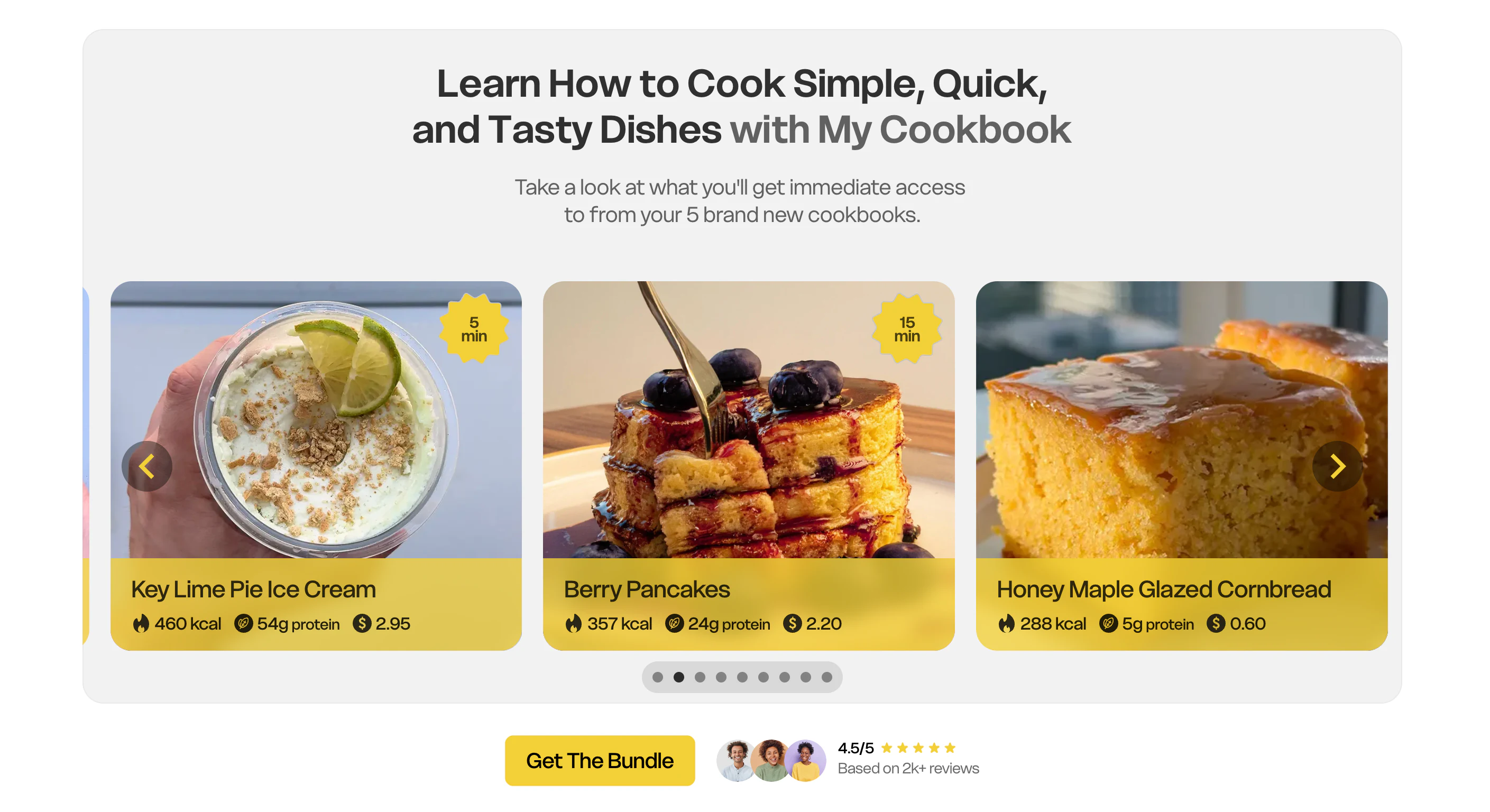 Joseph Abell recipe carousel showing meal photos, calories, protein, preparation time and price per serving