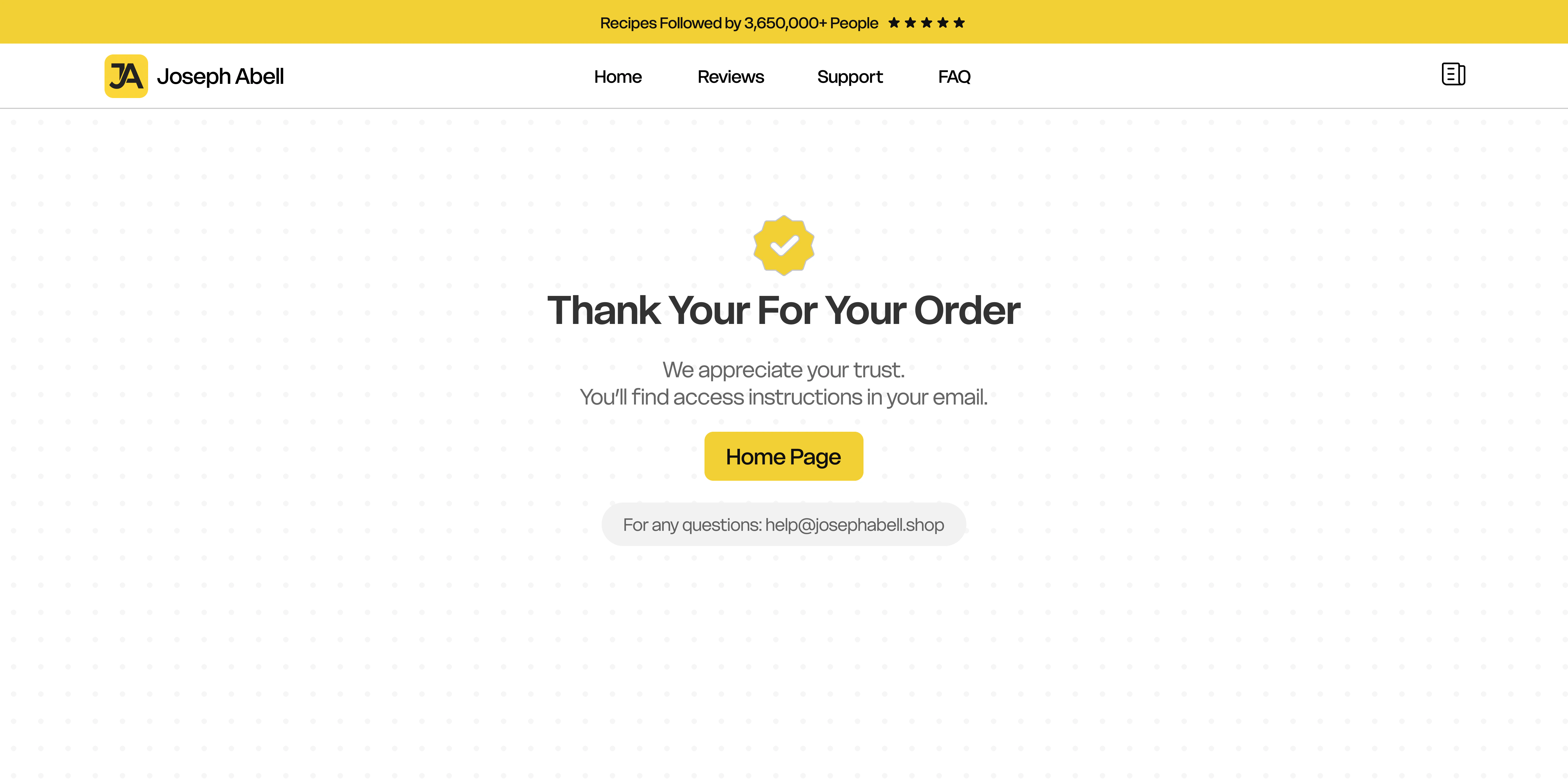 Joseph Abell order confirmation page with access instructions and support contact