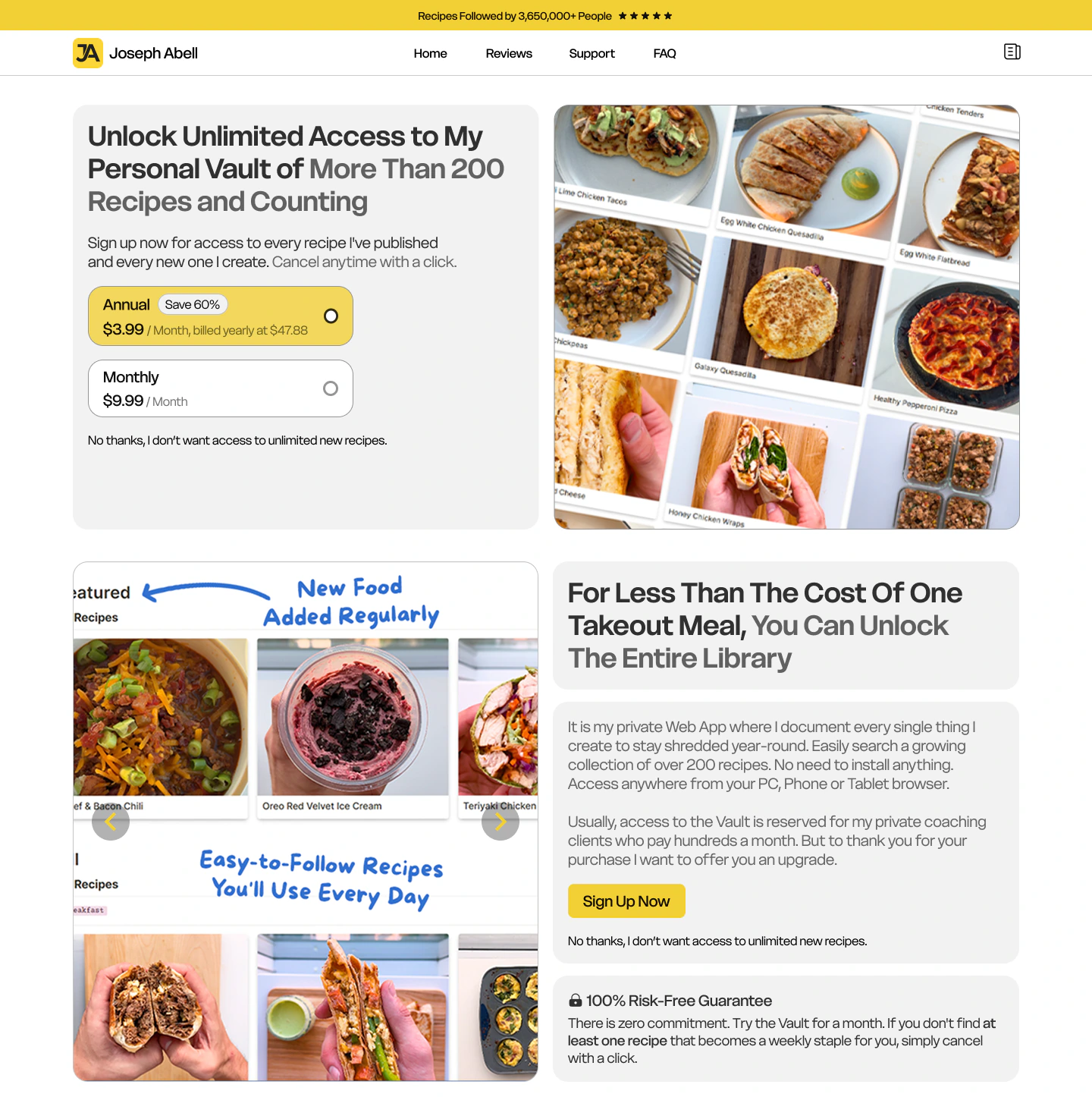 Joseph Abell post-purchase upsell page offering access to a library of more than 200 recipes