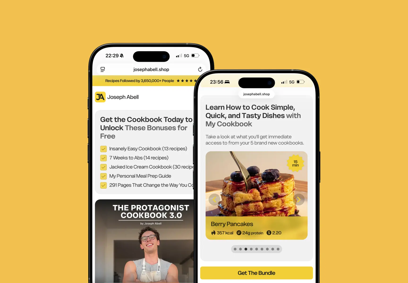 Joseph Abell cookbook website shown across two mobile screens